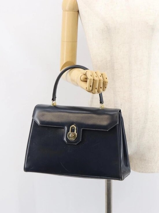 Gucci Handbags - GUCCI Hand Bag Leather Navy Gold Auth